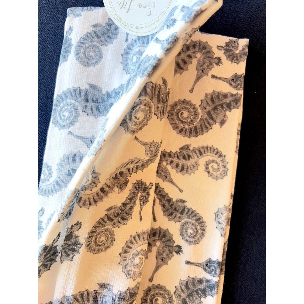 SEAHORSE Dish Kitchen Towel Set 2 Blue White Ocean Beach 18"x28" Sea Life Ocean
